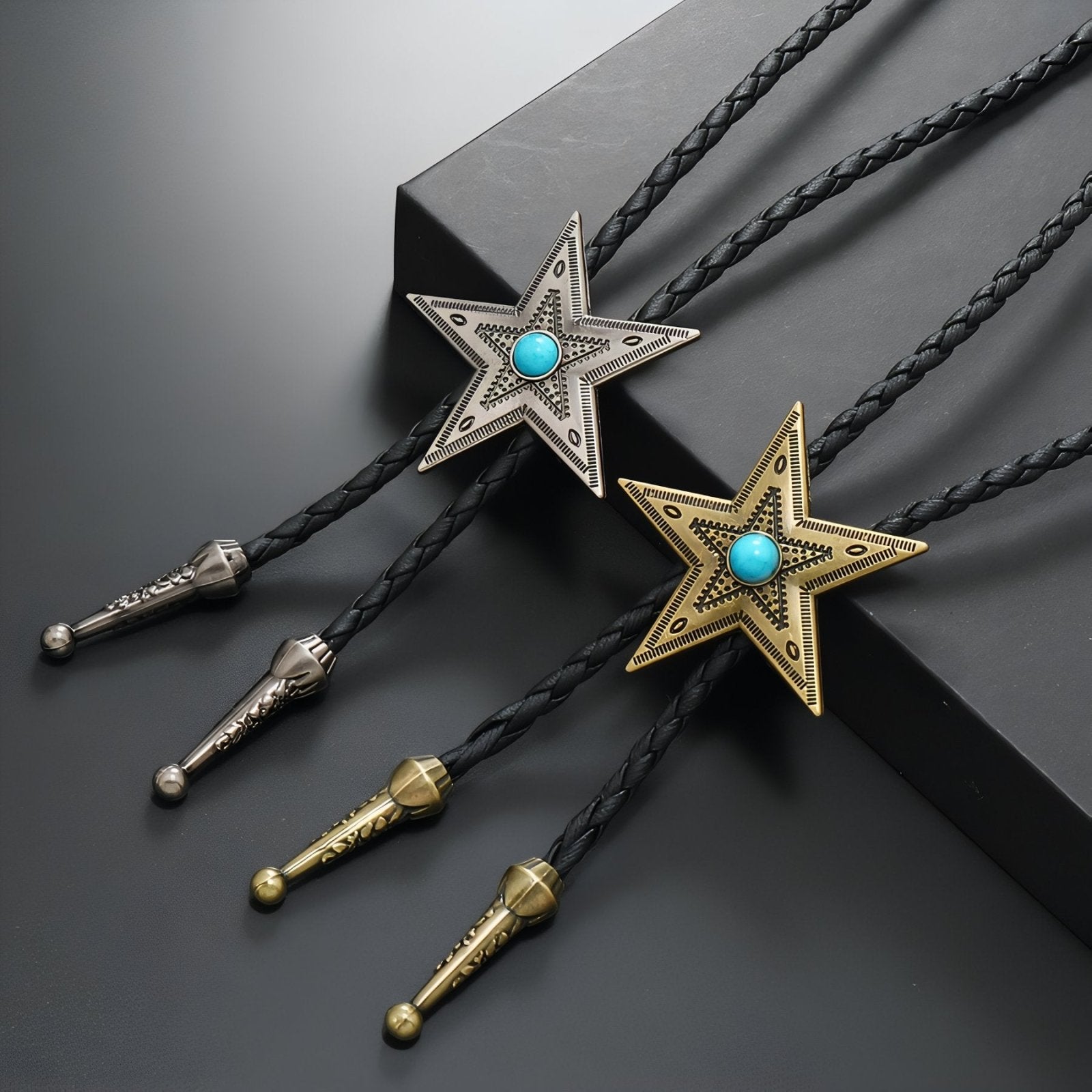 Bolo tie western, étoile vintage et pierre turquoise, cordon tressé noir, style cowboy unisexe