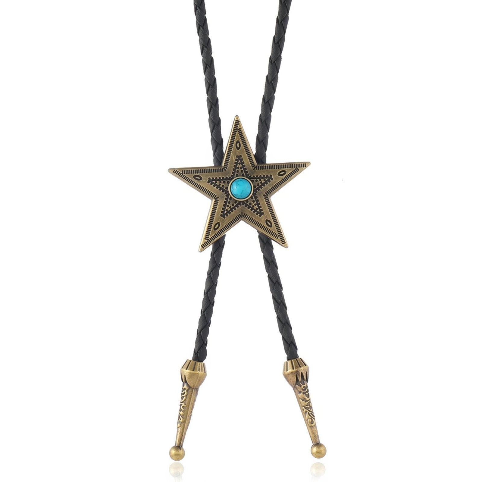 Bolo tie western, étoile vintage et pierre turquoise, cordon tressé noir, style cowboy unisexe