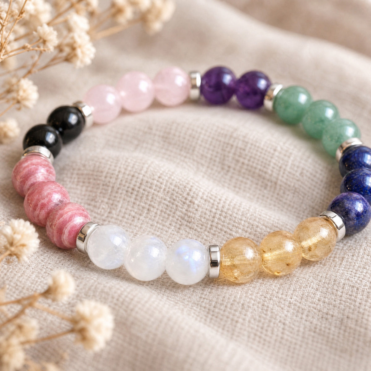 Détail des pierres et séparateurs argentés du bracelet chemin de vie