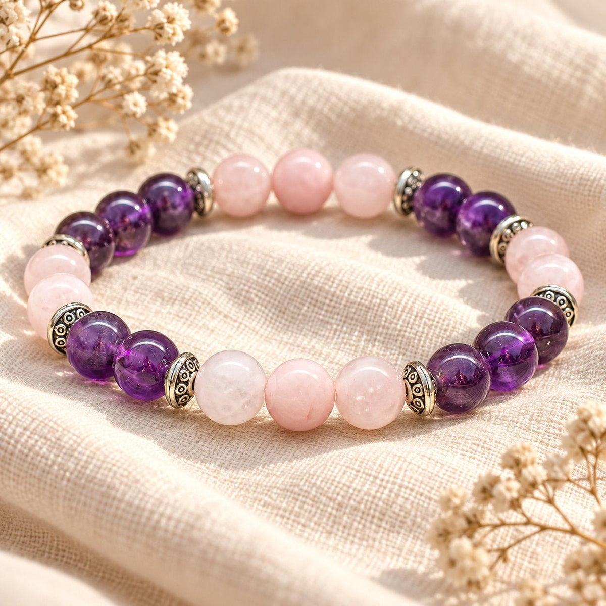 Bracelet en pierres naturelles d’améthyste et quartz rose, pour la détente et la douceur