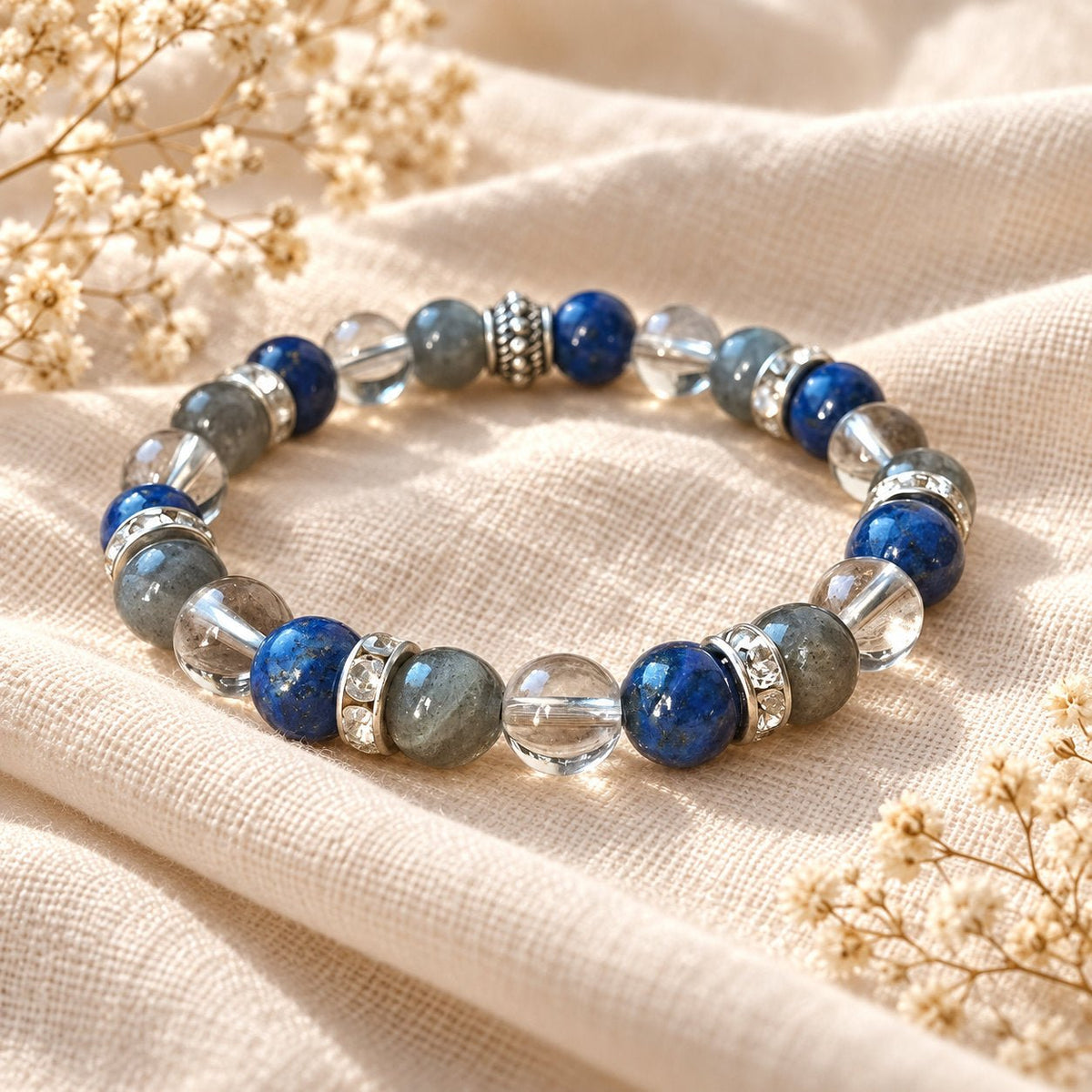 Bracelet en pierres naturelles de lapis-lazuli et labradorite, fibromyalgie