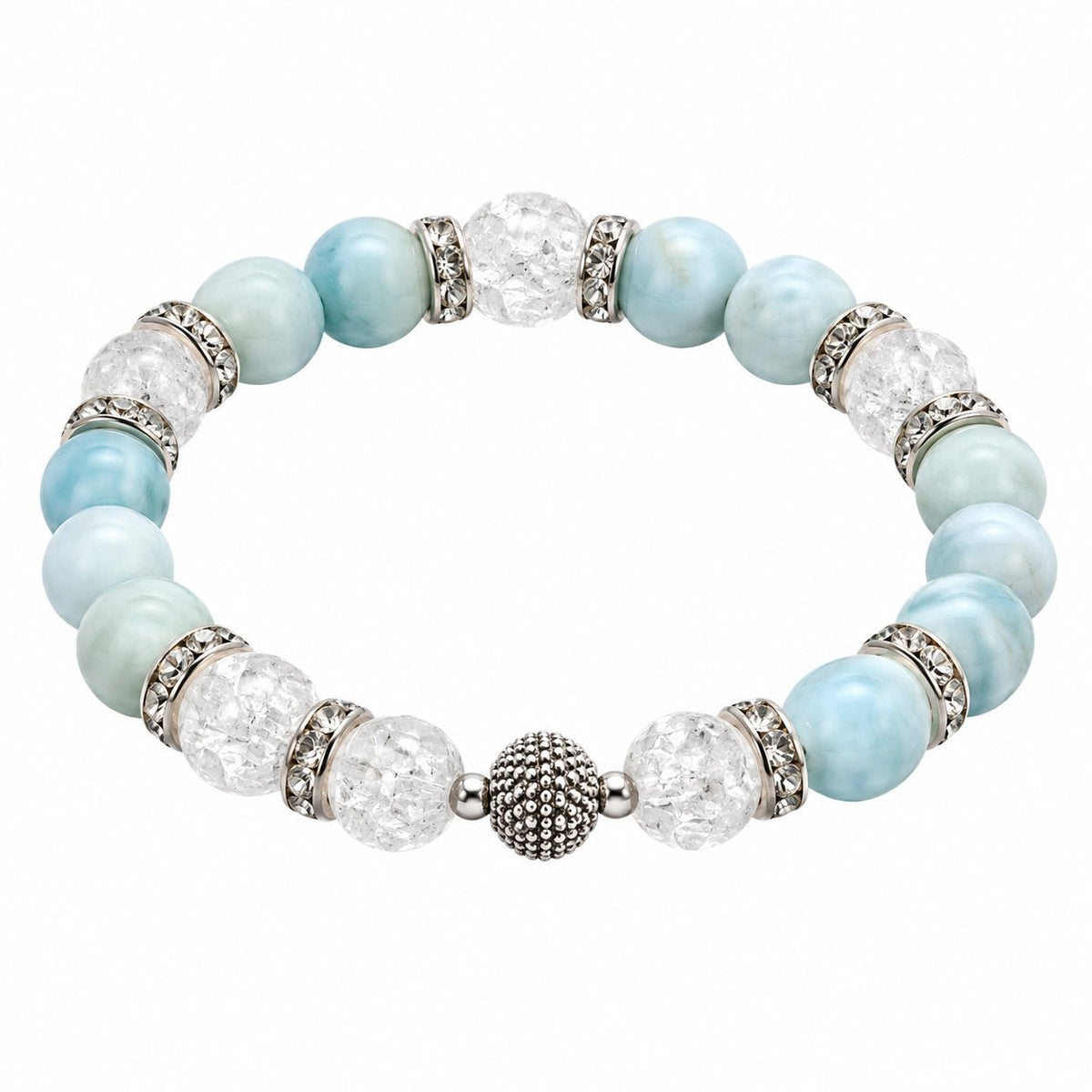 Bracelet en pierres naturelles de larimar et cristal de roche, pour la sérénité et l’apaisement
