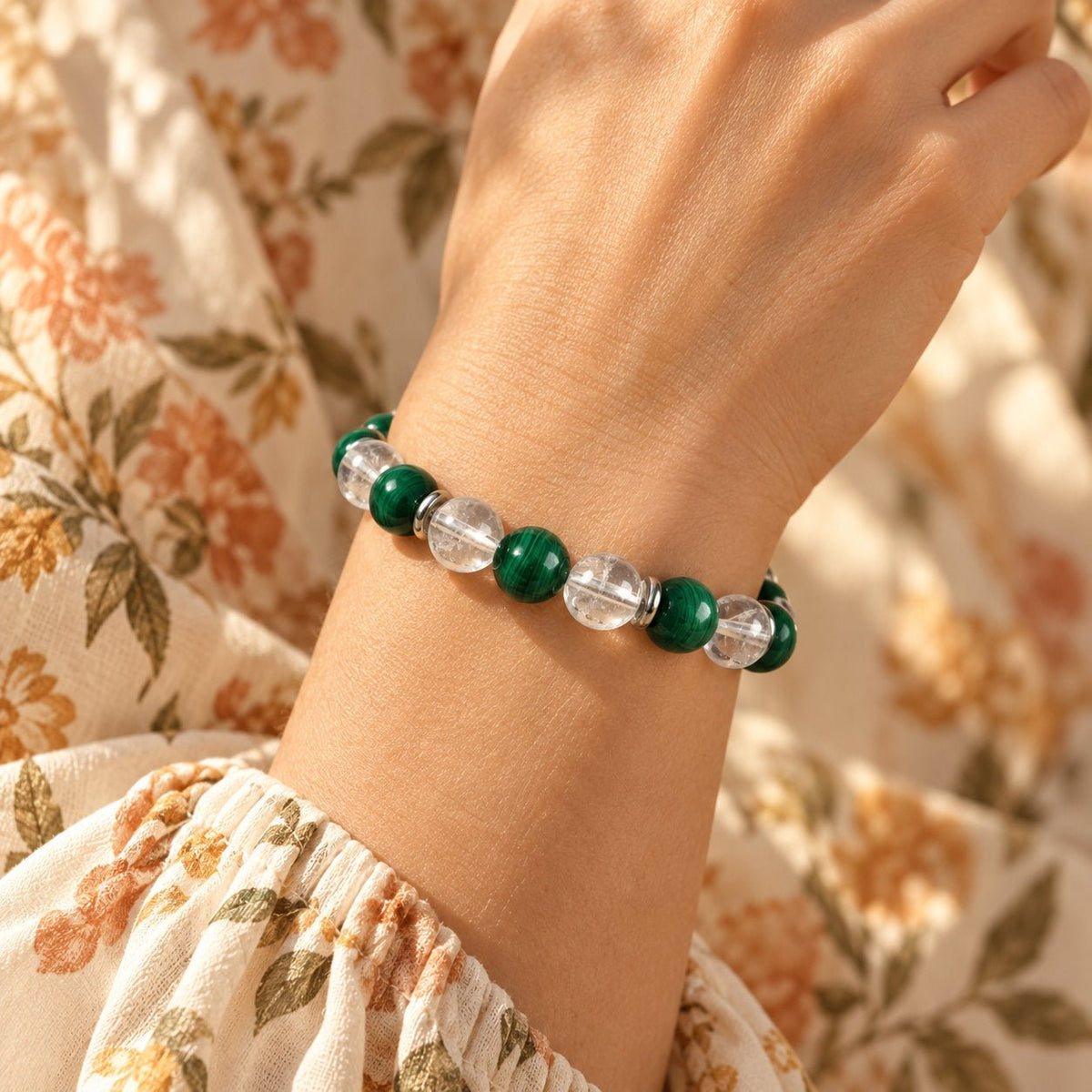 Bracelet en pierres naturelles de malachite et cristal de roche, anti-inflammatoire