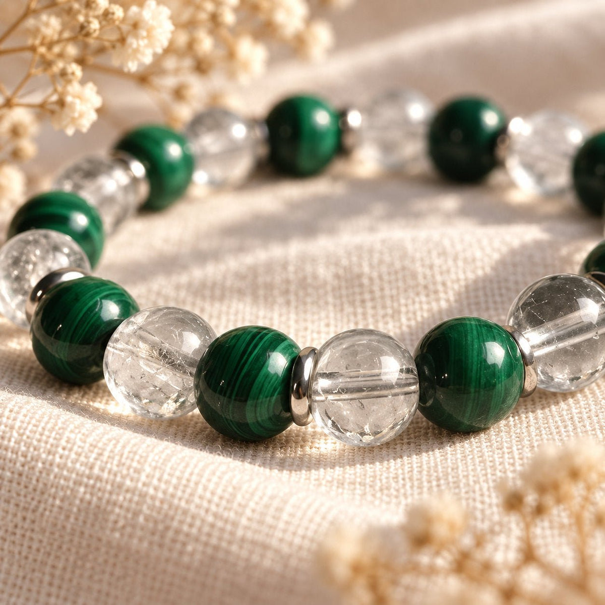 Bracelet en pierres naturelles de malachite et cristal de roche, anti-inflammatoire