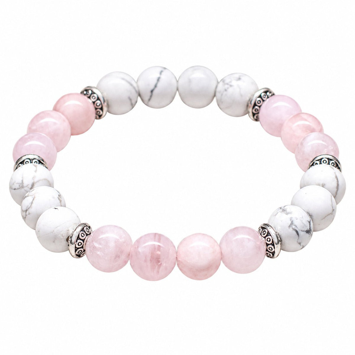 Bracelet en pierres naturelles de quartz rose et howlite, pour l’amour et la douceur
