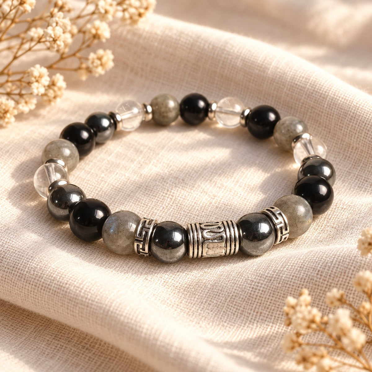 Bracelet en pierres naturelles d’hématite, labradorite et obsidienne, pour l’ancrage et la protection