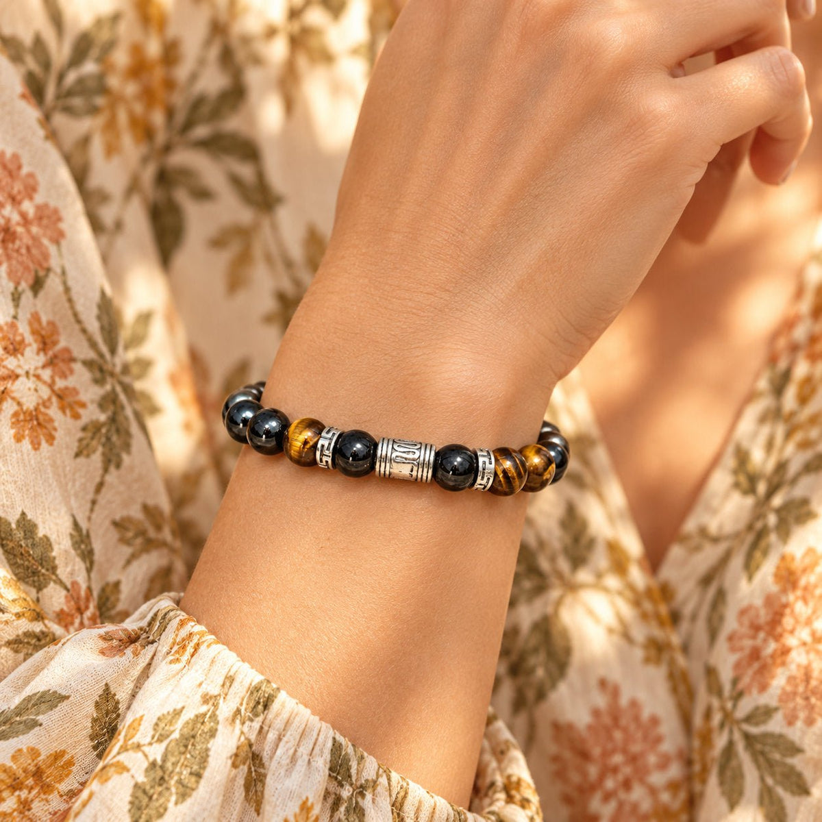 Bracelet en pierres naturelles d’œil de tigre, hématite et obsidienne, pour la triple protection