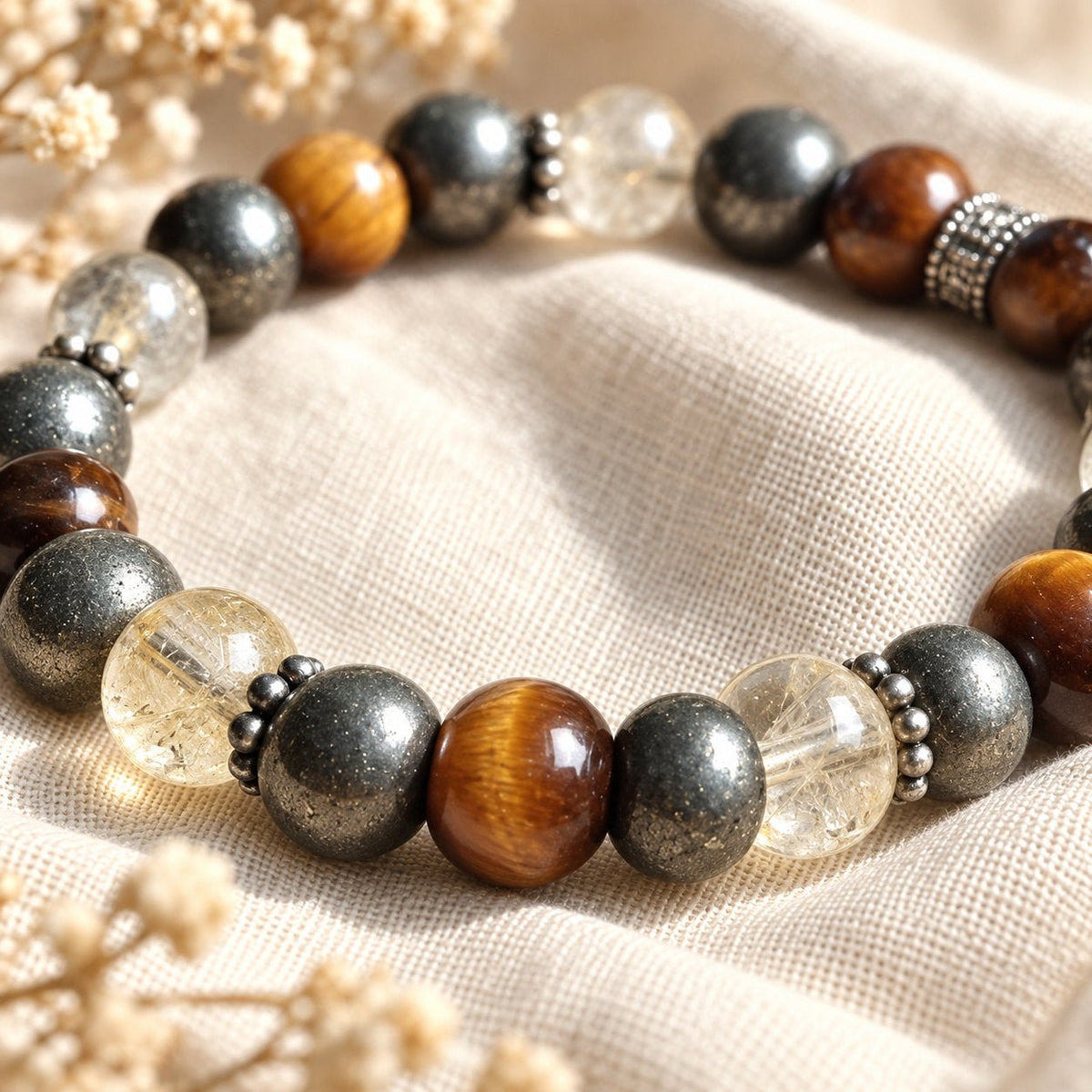 Bracelet en pierres naturelles d’œil de tigre, pyrite et citrine, pour la confiance et la prospérité