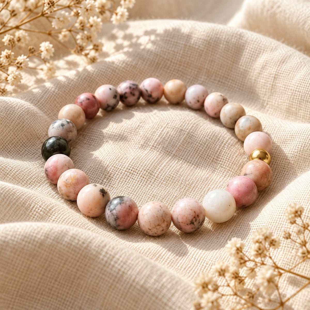 Bracelet en pierres naturelles d’opale rose, pour la douceur et l’équilibre émotionnel