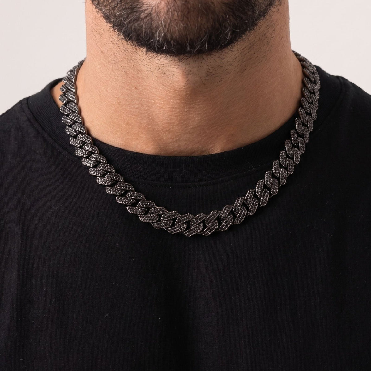 Chaine hip-hop ice pour homme, en cuivre noir, maille large 20 mm sertie de zircon noir