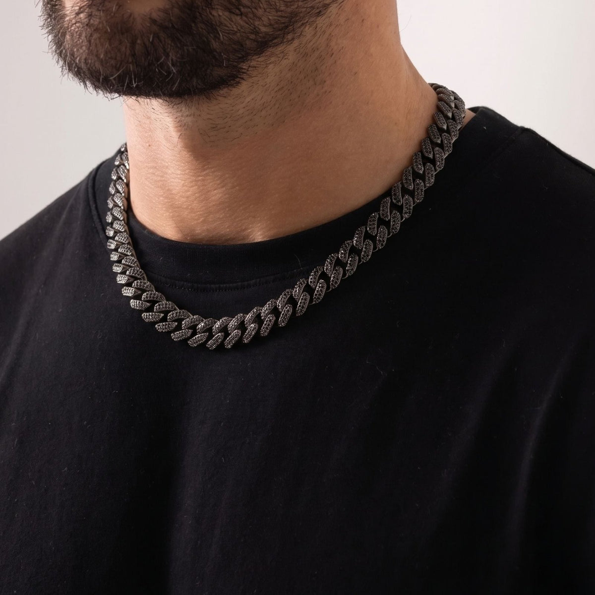 Chaine hip-hop ice pour homme, en cuivre noir, maille large 20 mm sertie de zircon noir