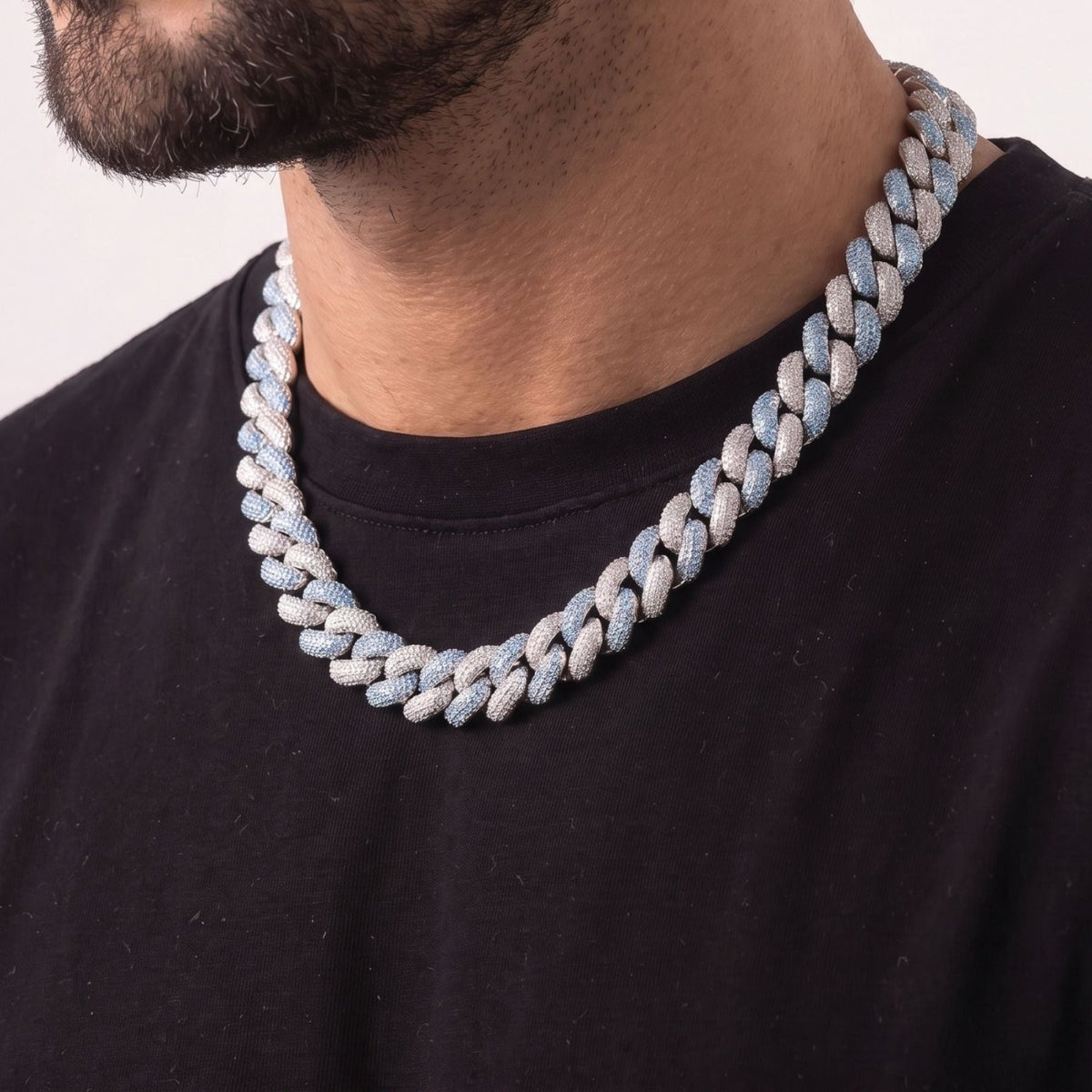 Chaîne ice à maille cubaine pour homme, en cuivre et zircon, maillons larges sertis de pierres blanches et bleues