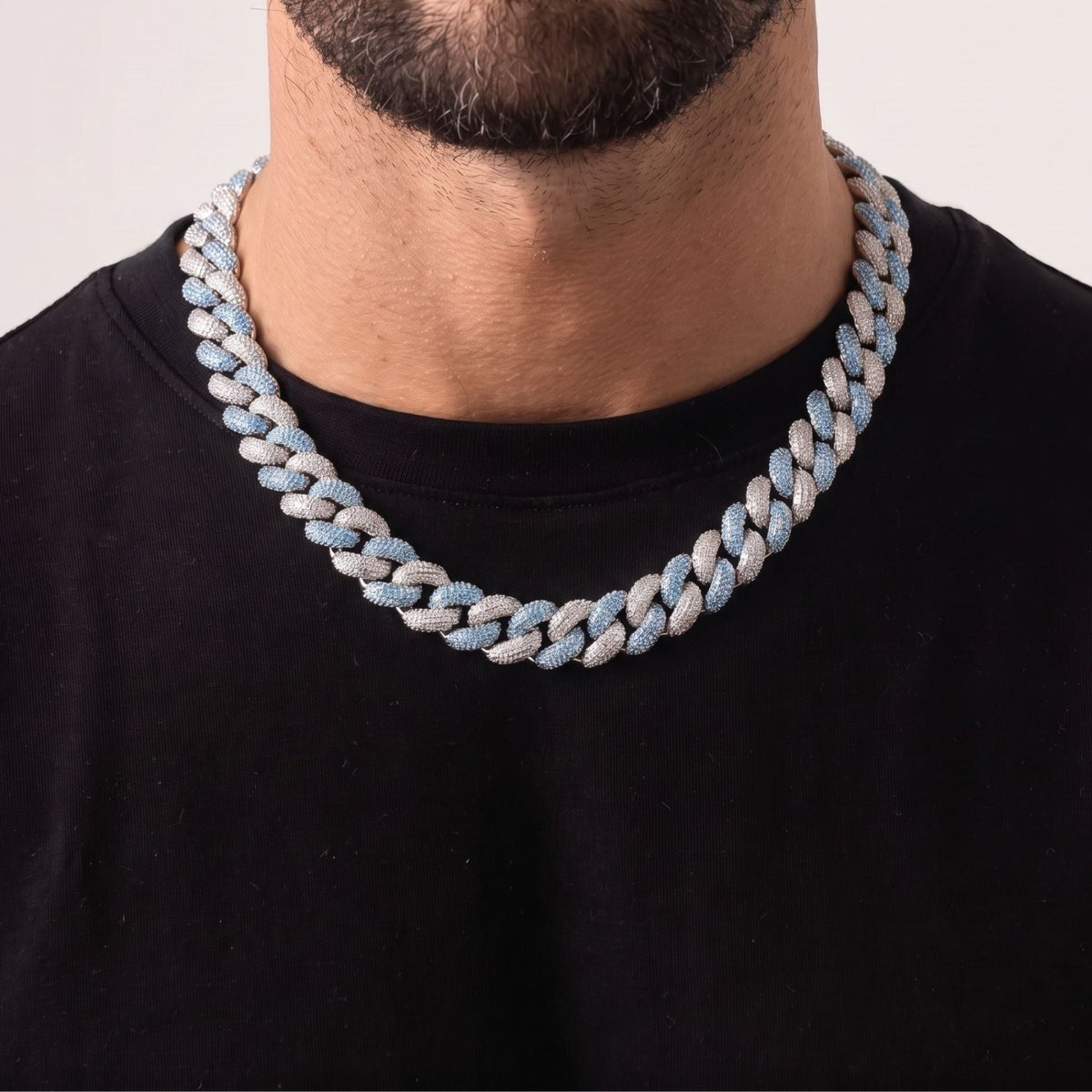 Chaîne ice à maille cubaine pour homme, en cuivre et zircon, maillons larges sertis de pierres blanches et bleues
