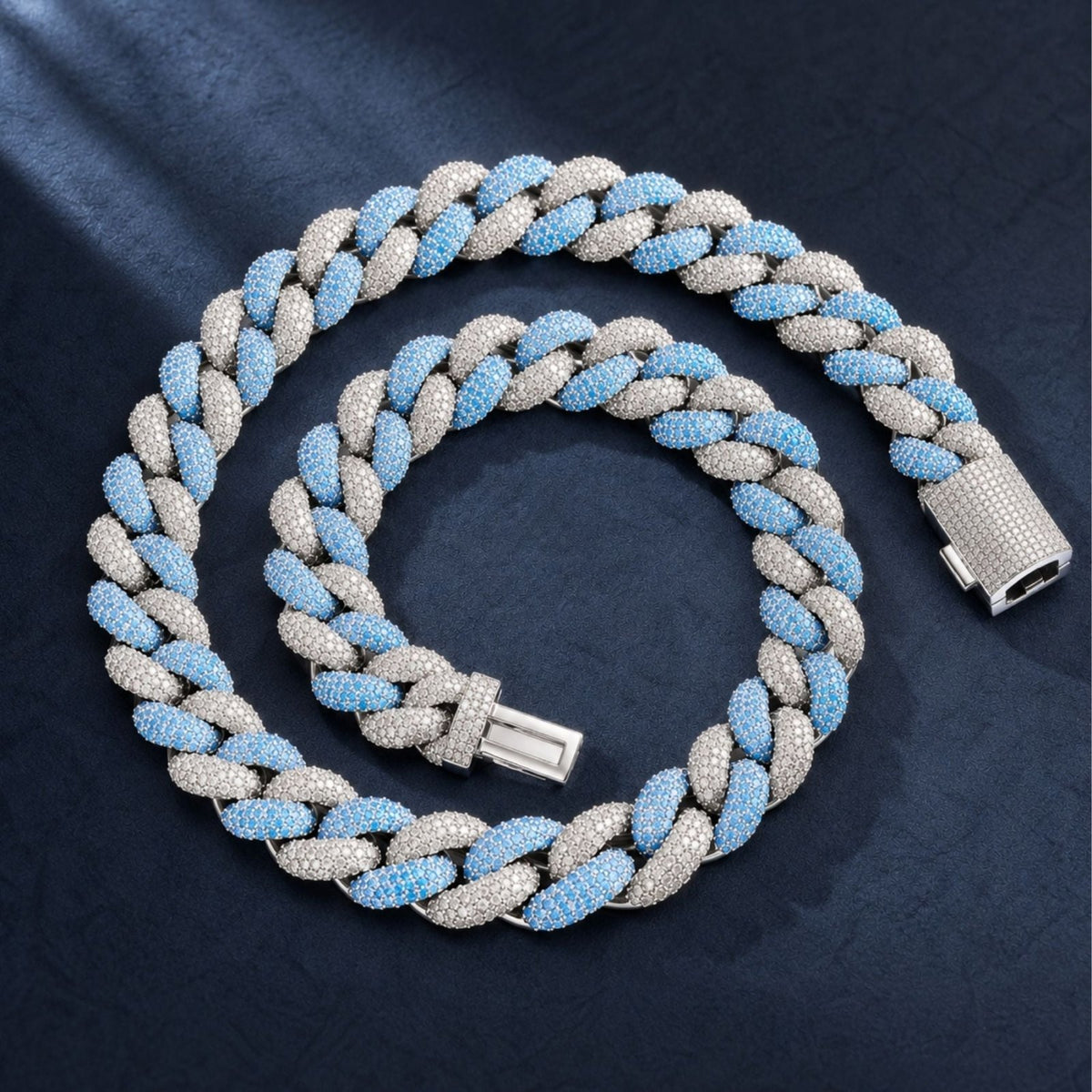 Chaîne ice à maille cubaine pour homme, en cuivre et zircon, maillons larges sertis de pierres blanches et bleues