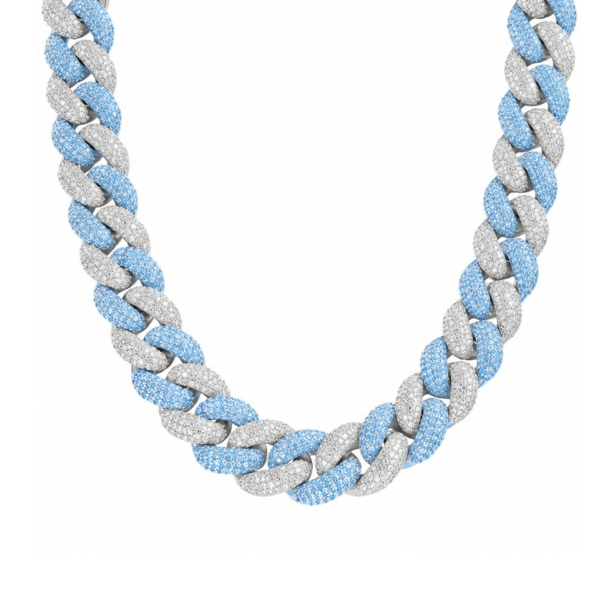 Chaîne ice à maille cubaine pour homme, en cuivre et zircon, maillons larges sertis de pierres blanches et bleues