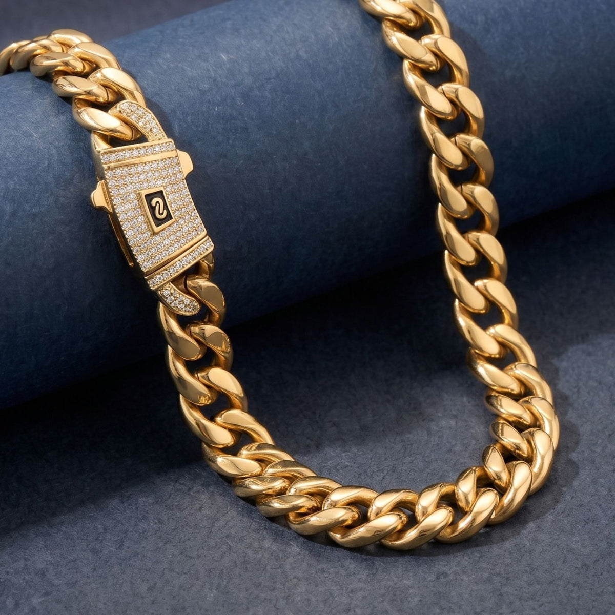 Chaine ice pour homme, en acier inoxydable, maille large 14 mm, avec fermoir pavé de strass