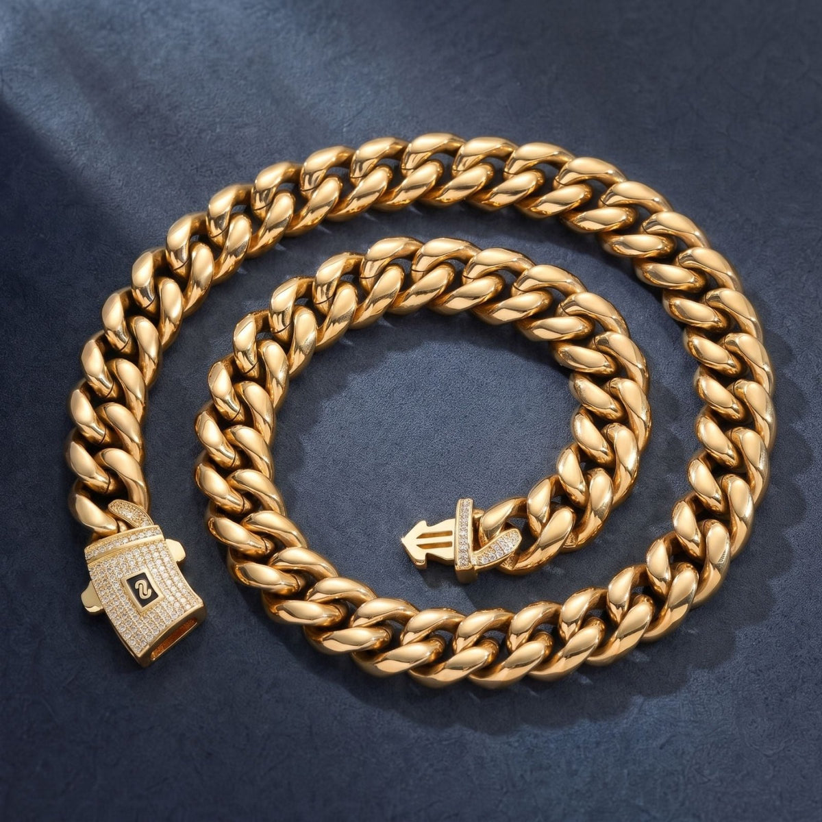 Chaine ice pour homme, en acier inoxydable, maille large 14 mm, avec fermoir pavé de strass
