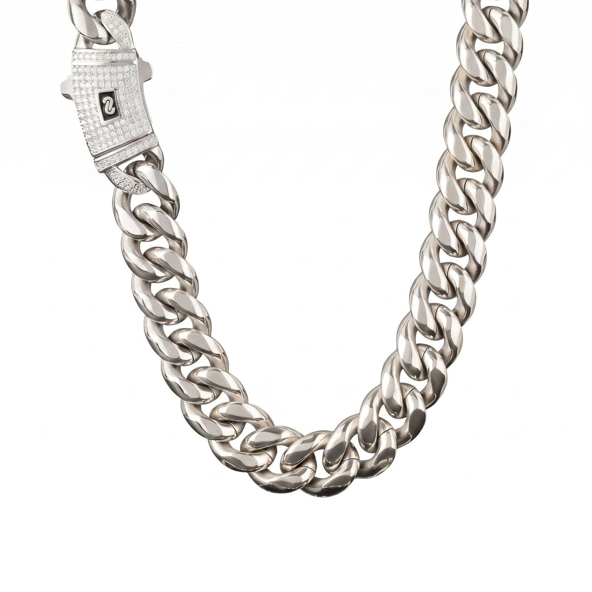 Chaine ice pour homme, en acier inoxydable, maille large 14 mm, avec fermoir pavé de strass