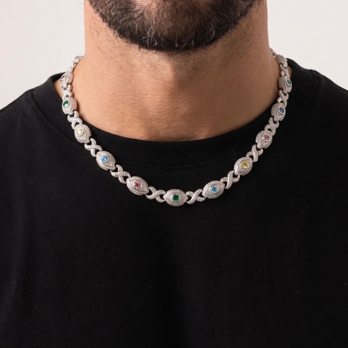Chaîne œil protecteur pour homme, en cuivre serti de zircon coloré, pierres multicolores avec motifs œil en relief