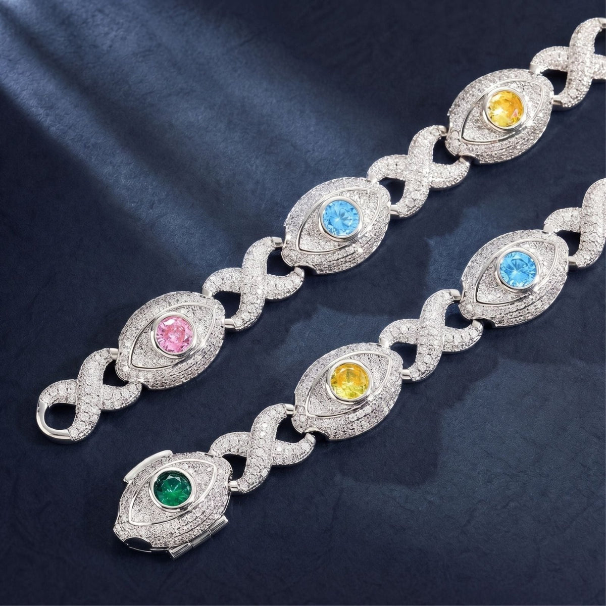 Chaîne œil protecteur pour homme, en cuivre serti de zircon coloré, pierres multicolores avec motifs œil en relief
