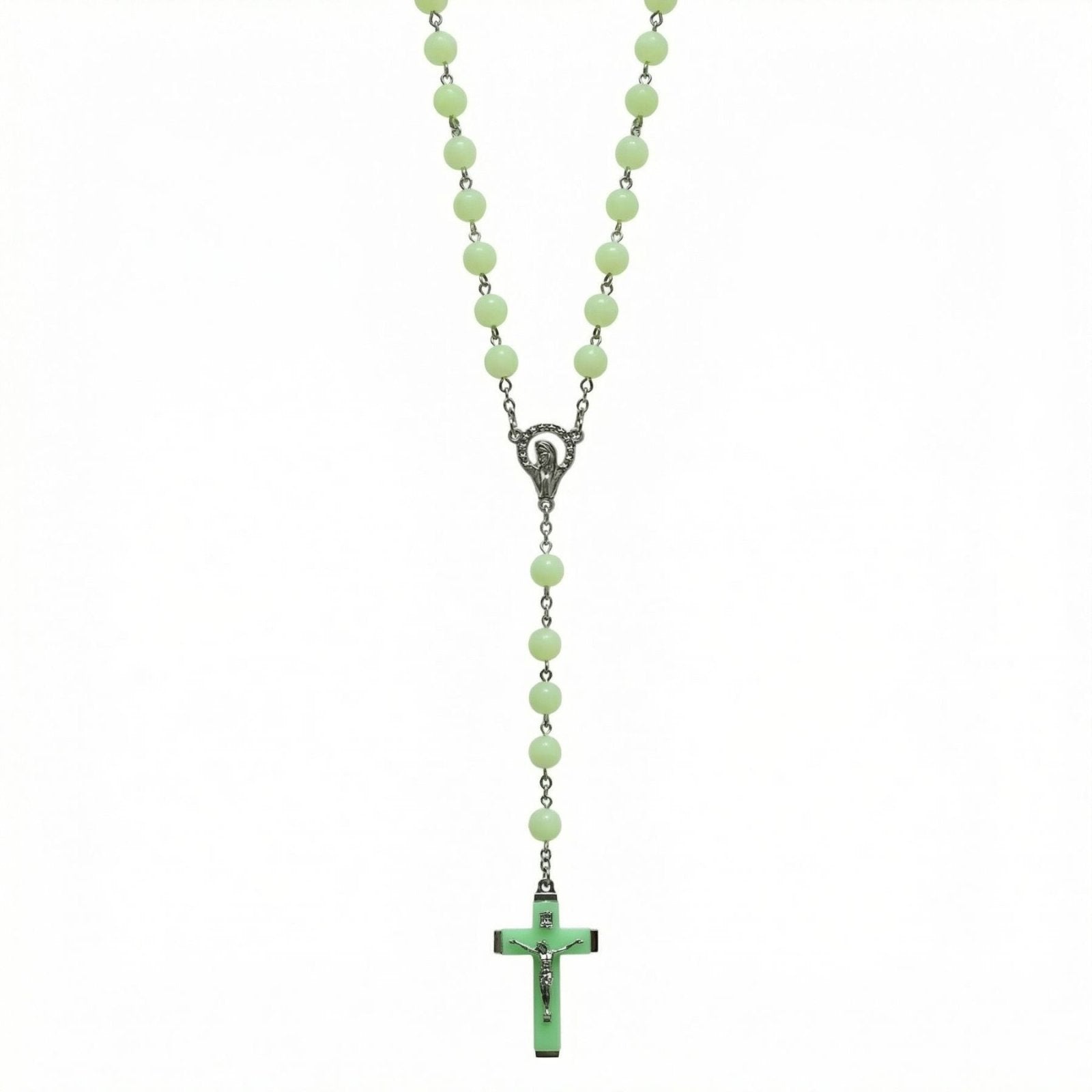 Chapelet collier, avec croix chrétienne et vierge Marie, en perles synthétiques phosphorescentes et alliage métallique
