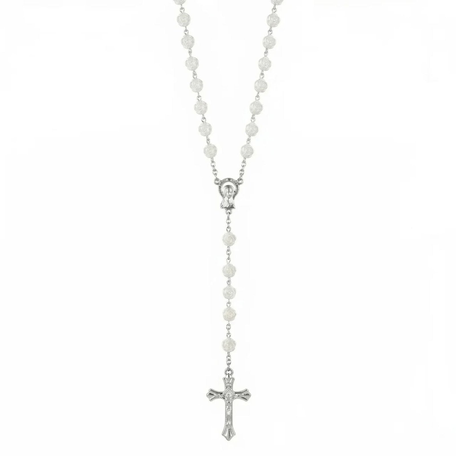 Chapelet collier avec pendentif croix, perles en forme de roses, en alliage métallique, style religieux