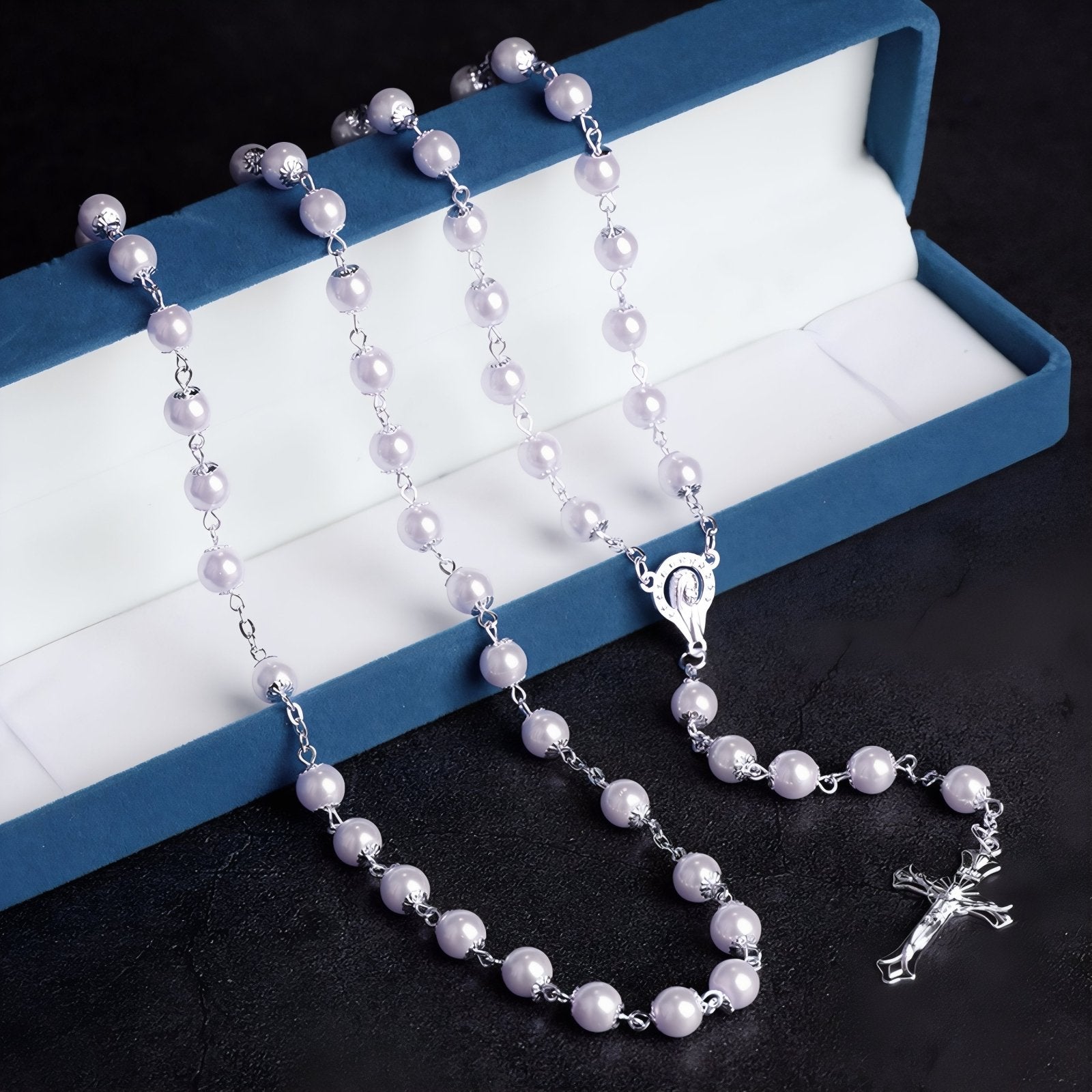 Chapelet collier catholique, avec perles blanches, en alliage métallique, avec croix chrétienne et vierge Marie
