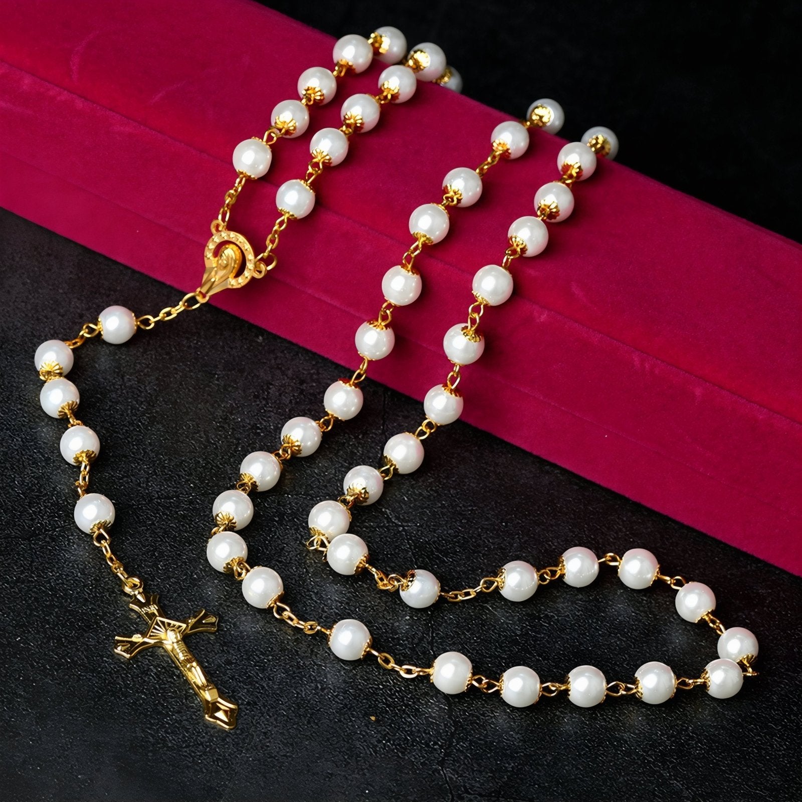 Chapelet collier catholique, avec perles blanches, en alliage métallique, avec croix chrétienne et vierge Marie