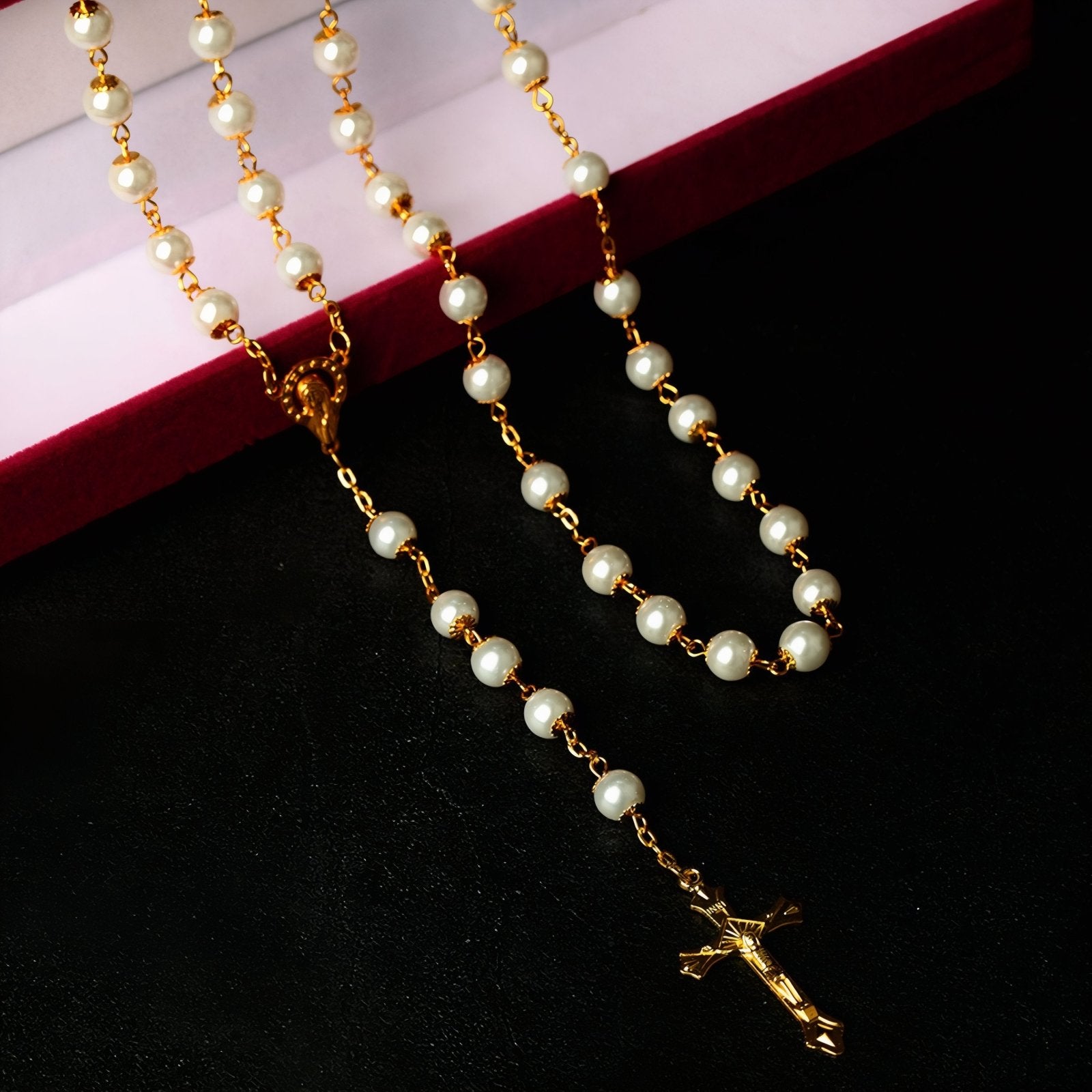 Chapelet collier catholique, avec perles blanches, en alliage métallique, avec croix chrétienne et vierge Marie