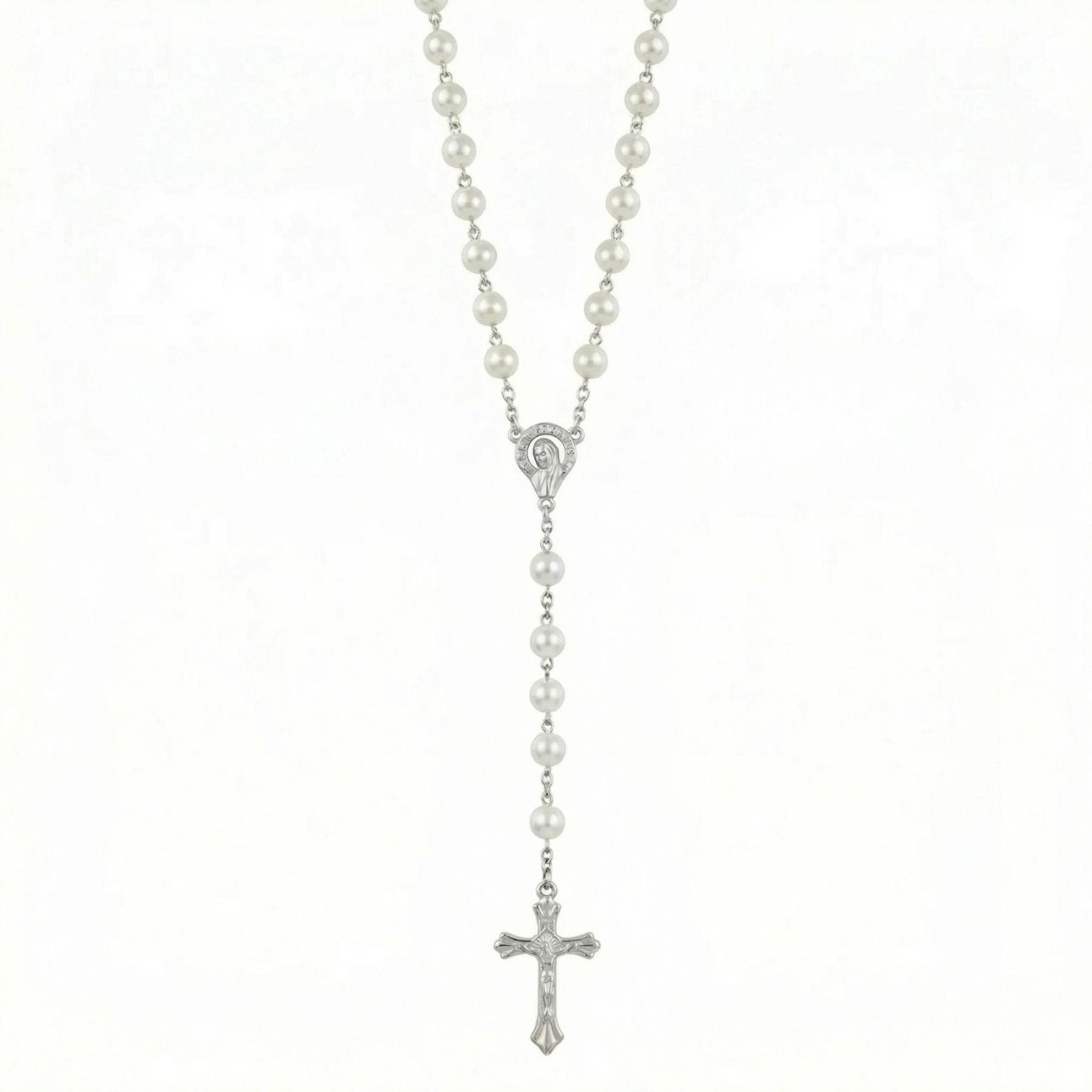 Chapelet collier catholique, avec perles blanches, en alliage métallique, avec croix chrétienne et vierge Marie