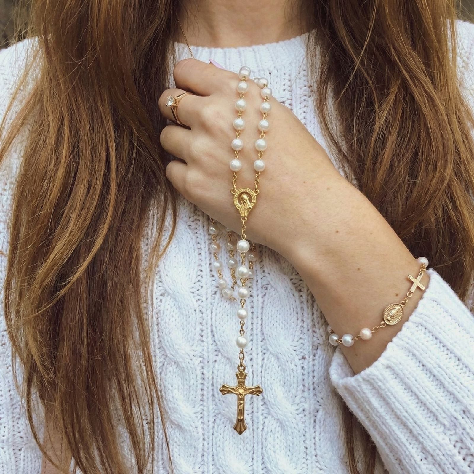 Chapelet collier catholique, avec perles blanches, en alliage métallique, avec croix chrétienne et vierge Marie