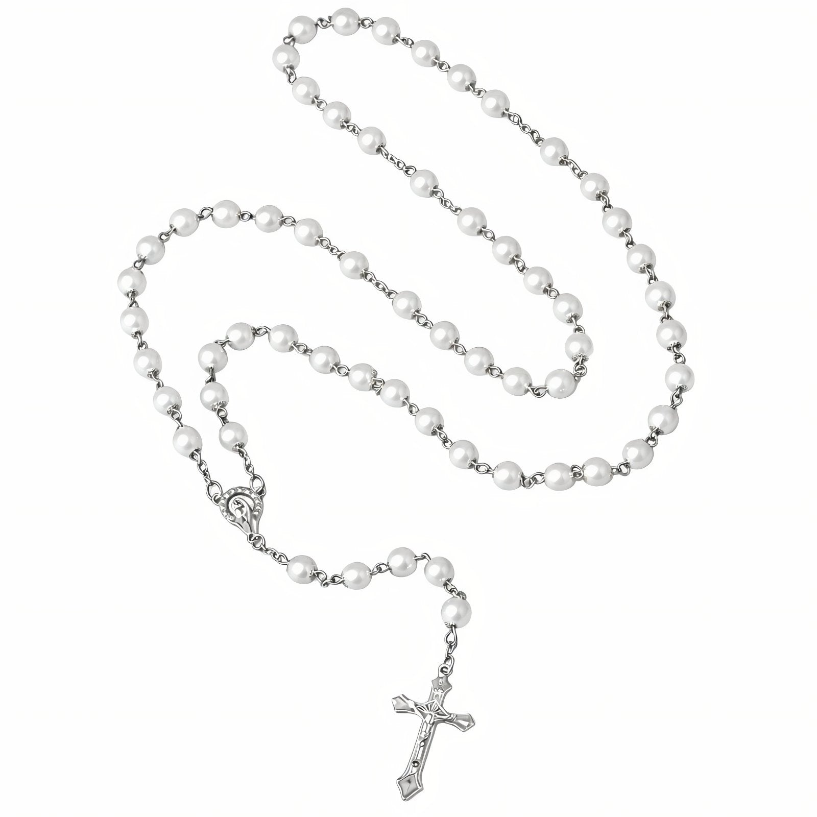 Chapelet collier catholique, avec perles blanches, en alliage métallique, avec croix chrétienne et vierge Marie