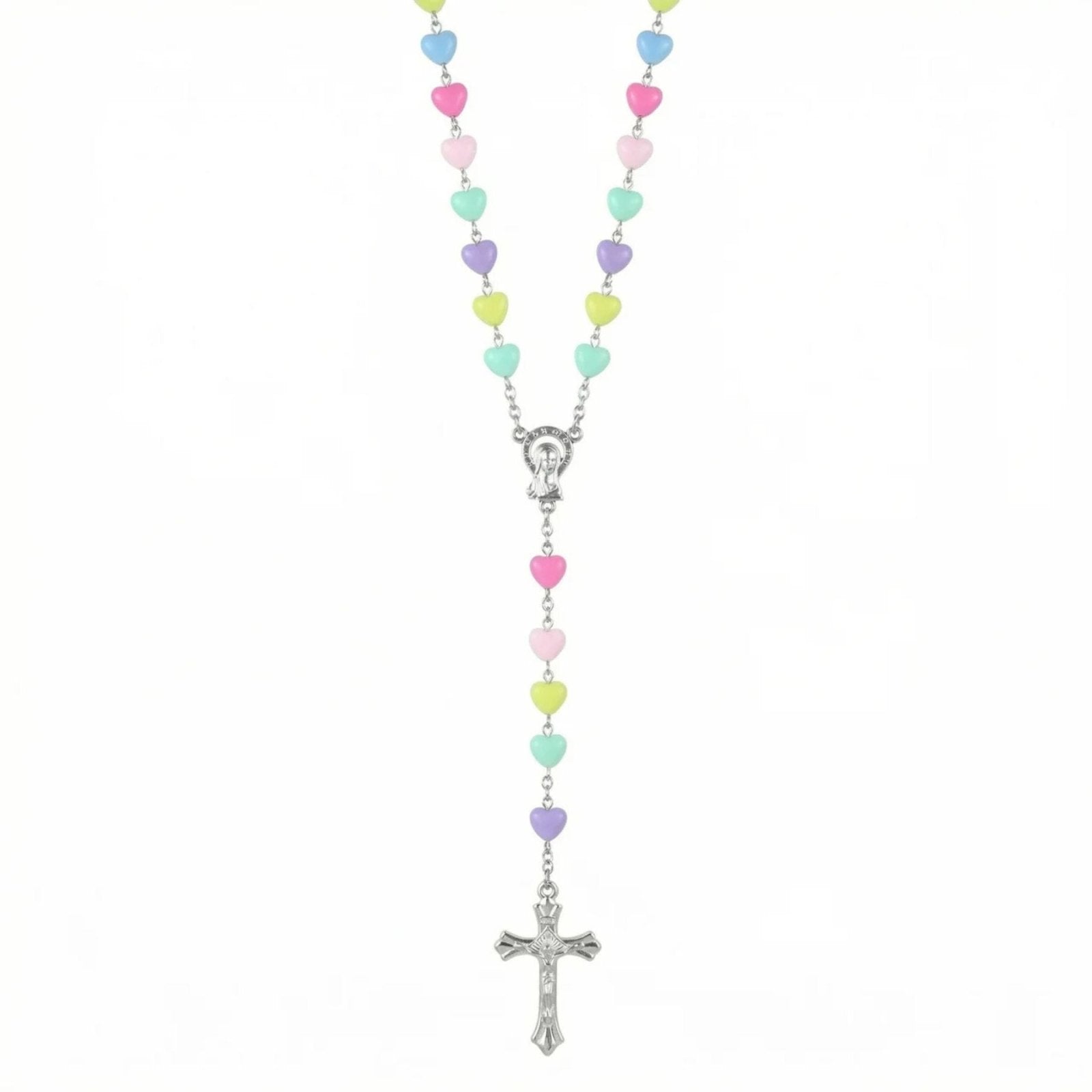 Chapelet collier catholique avec perles cœurs colorées en acrylique, en alliage métallique, avec croix et vierge Marie