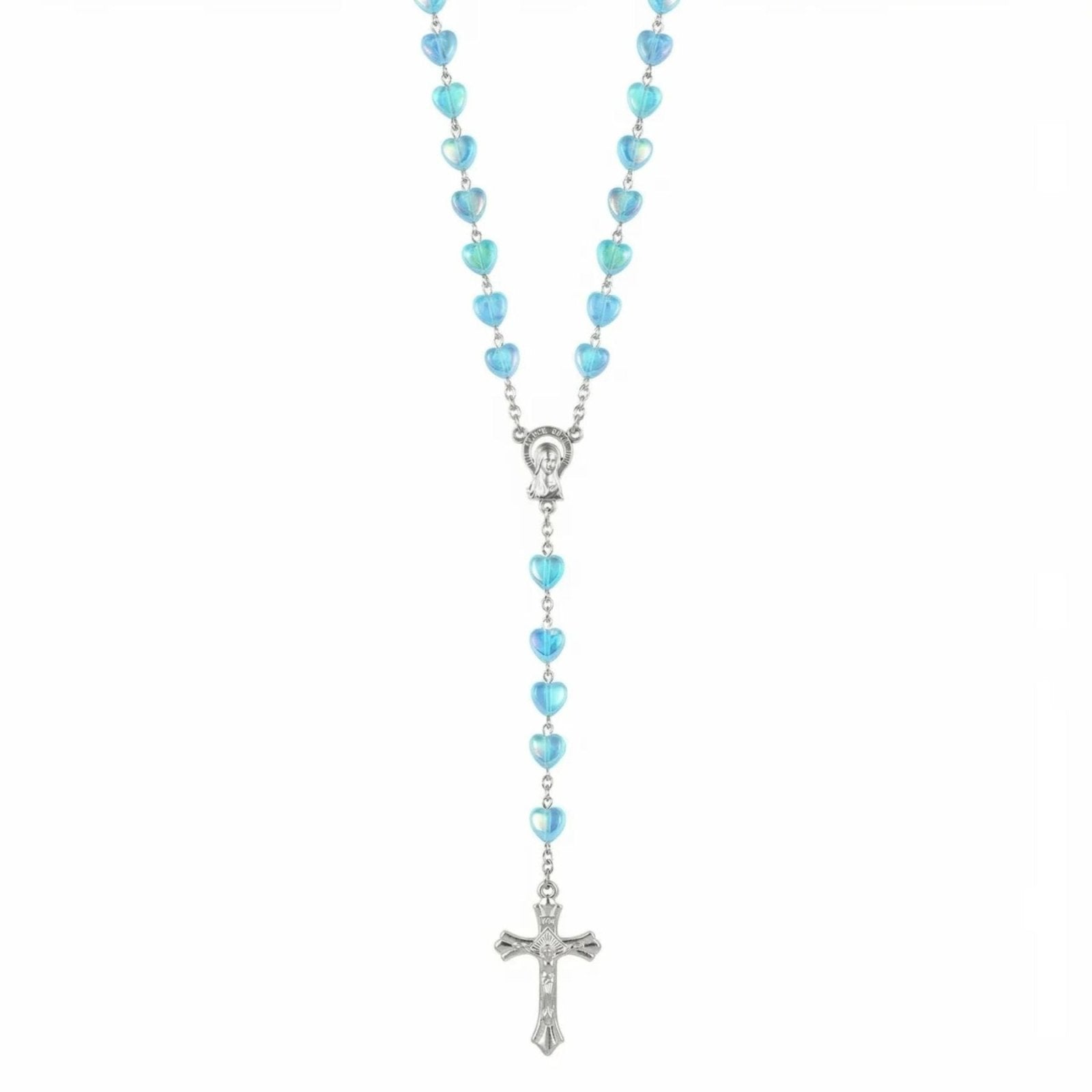 Chapelet collier catholique avec perles cœurs colorées en acrylique, en alliage métallique, avec croix et vierge Marie