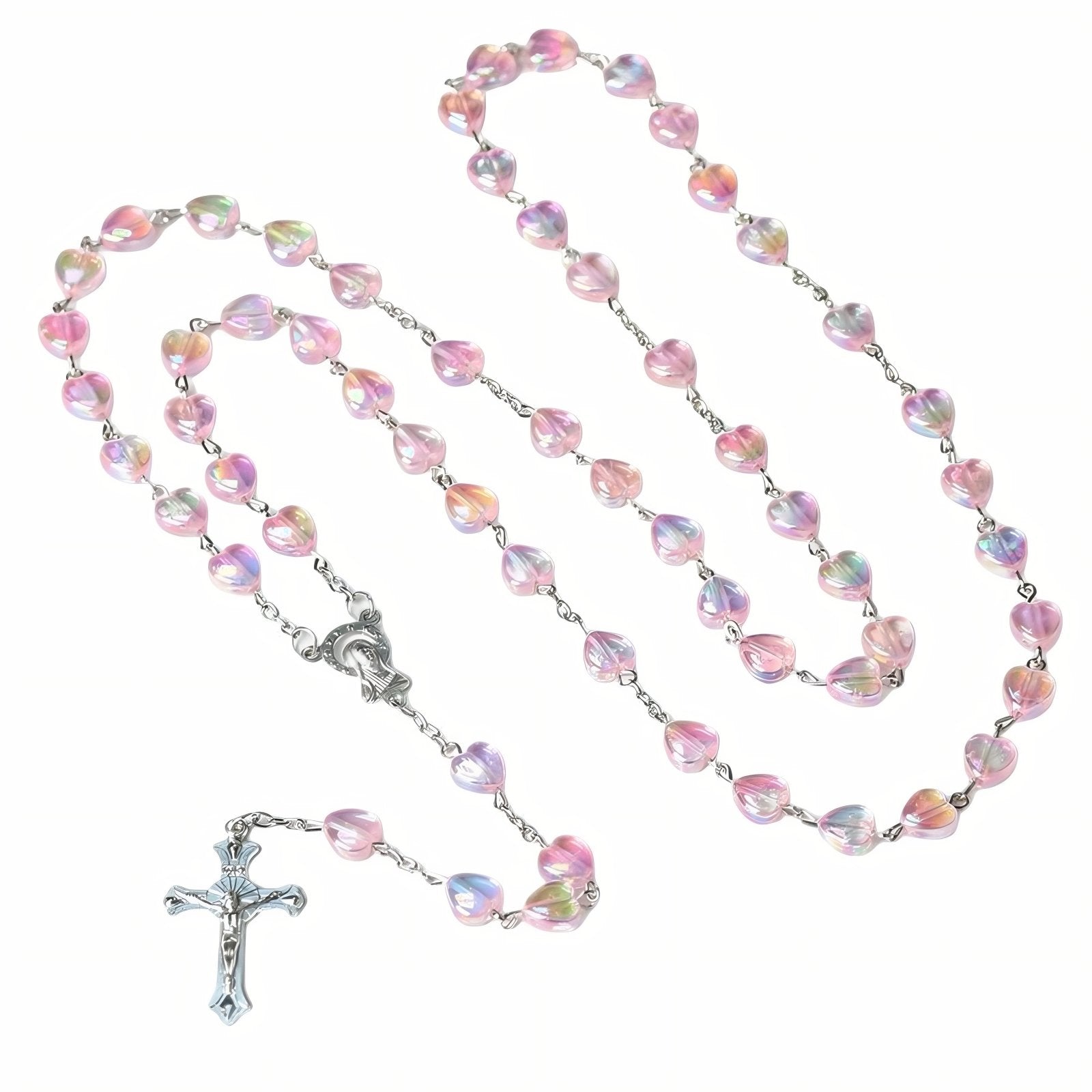 Chapelet collier catholique avec perles cœurs colorées en acrylique, en alliage métallique, avec croix et vierge Marie
