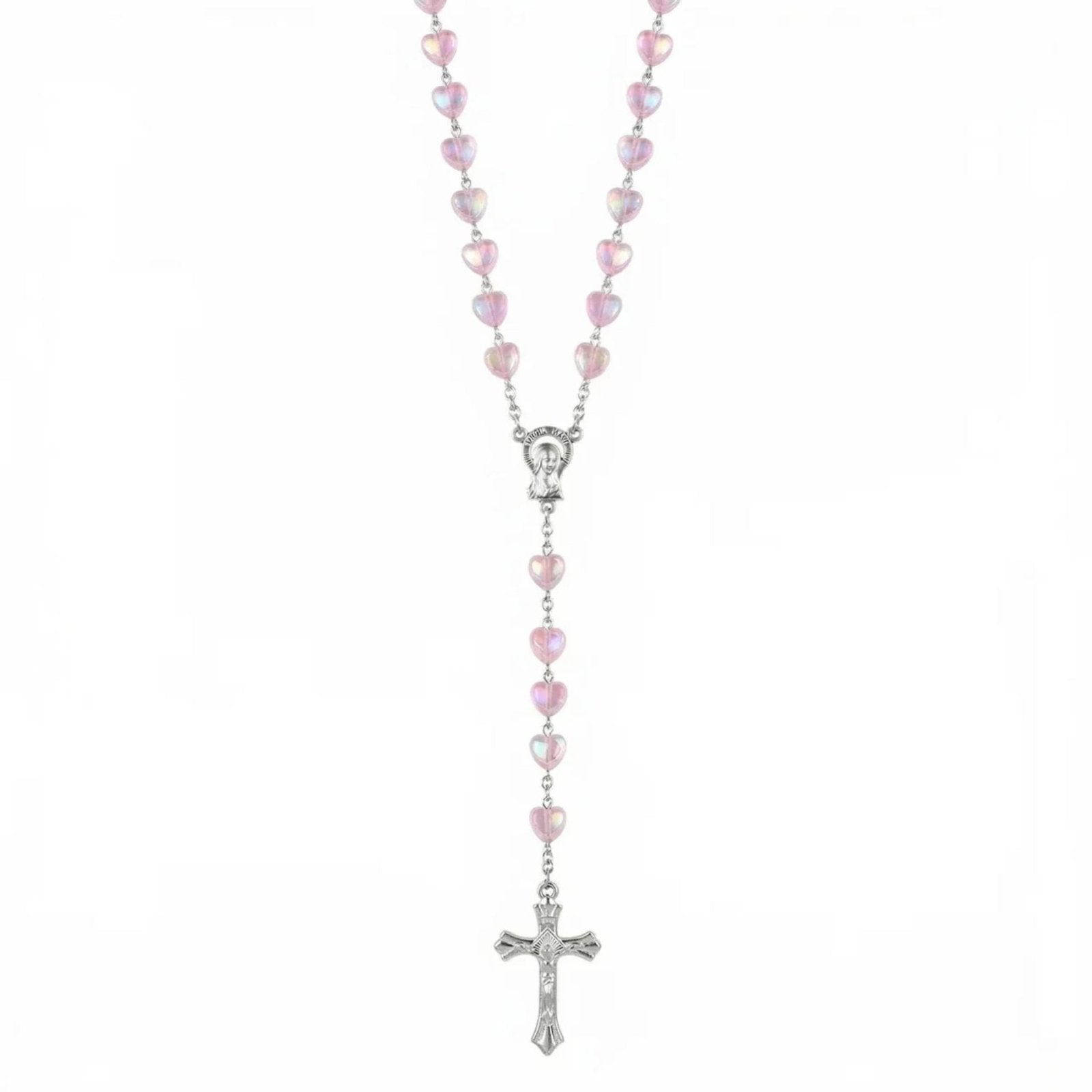Chapelet collier catholique avec perles cœurs colorées en acrylique, en alliage métallique, avec croix et vierge Marie