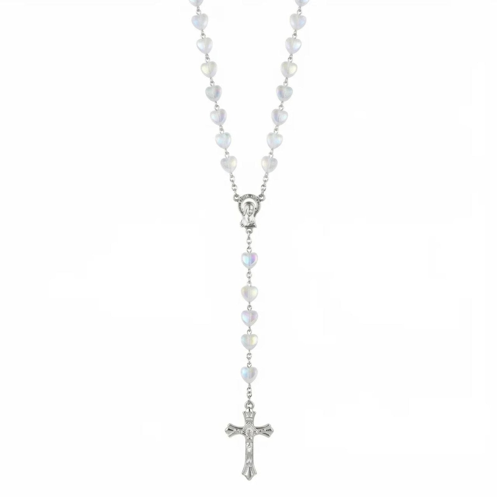 Chapelet collier catholique avec perles cœurs colorées en acrylique, en alliage métallique, avec croix et vierge Marie