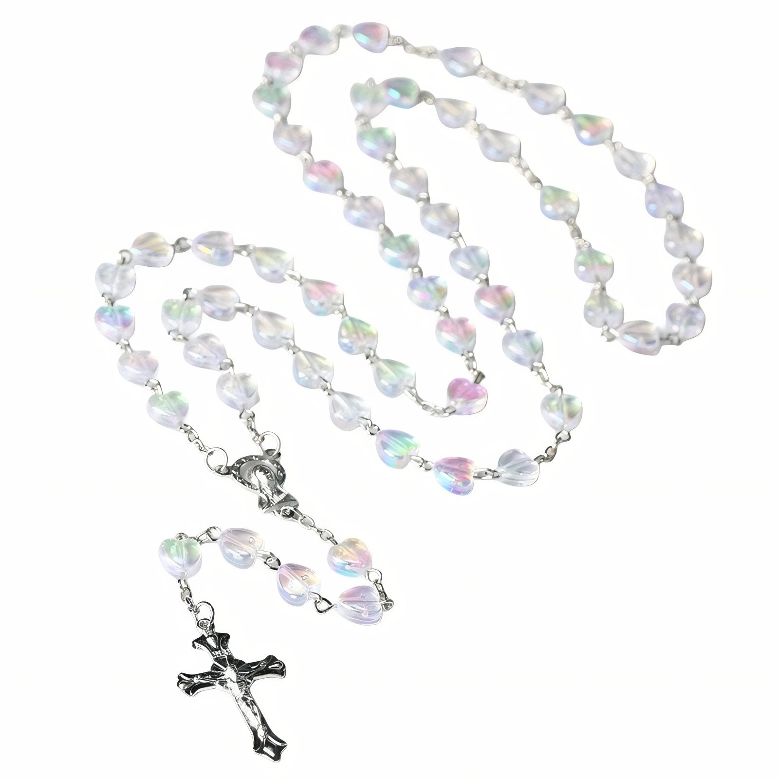 Chapelet collier catholique avec perles cœurs colorées en acrylique, en alliage métallique, avec croix et vierge Marie