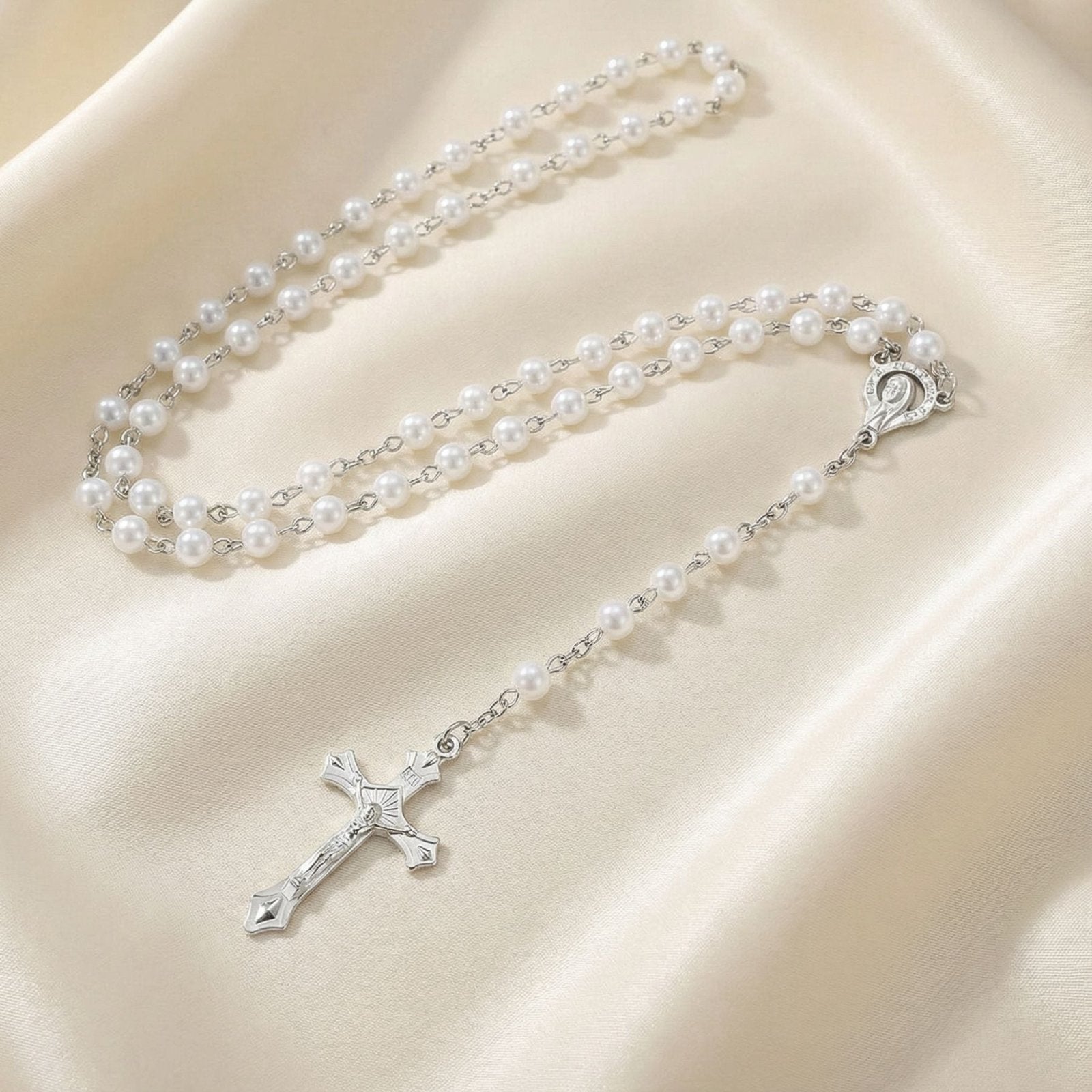 Chapelet collier catholique, avec perles de verre et pendentif croix, en alliage métallique