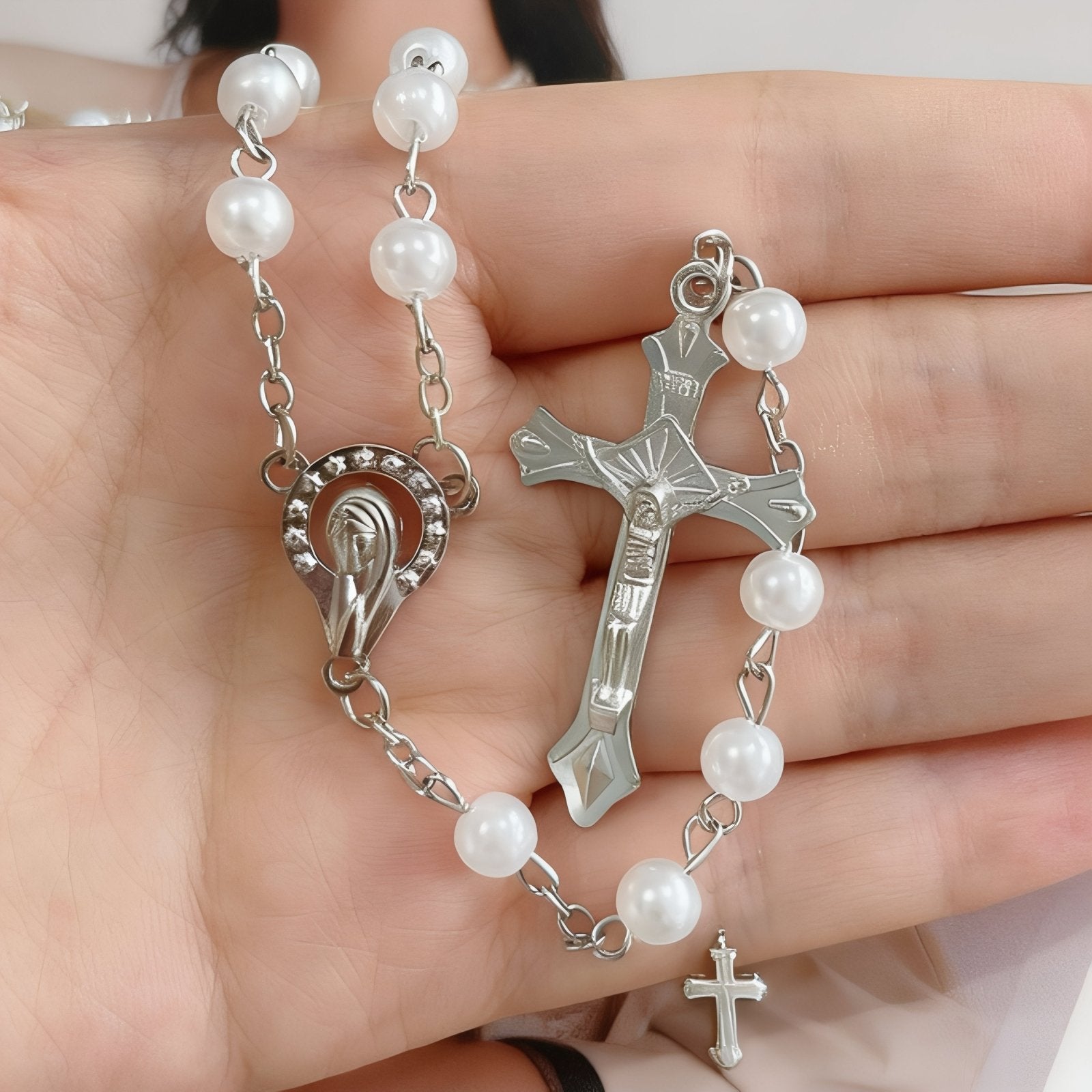 Chapelet collier catholique, avec perles de verre et pendentif croix, en alliage métallique