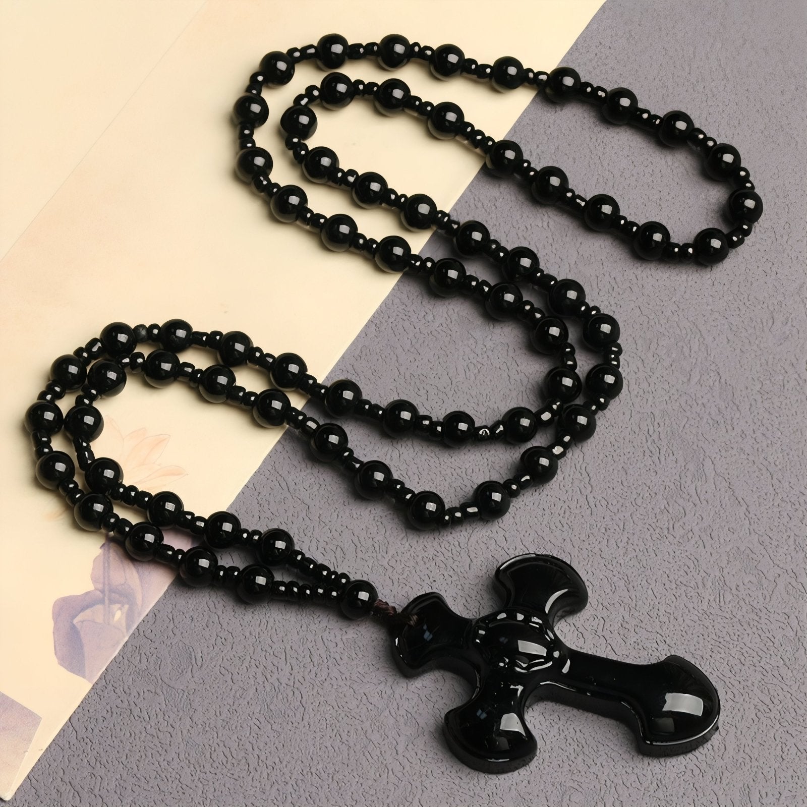 Chapelet collier croix translucide, avec perles en verre, bijou religieux