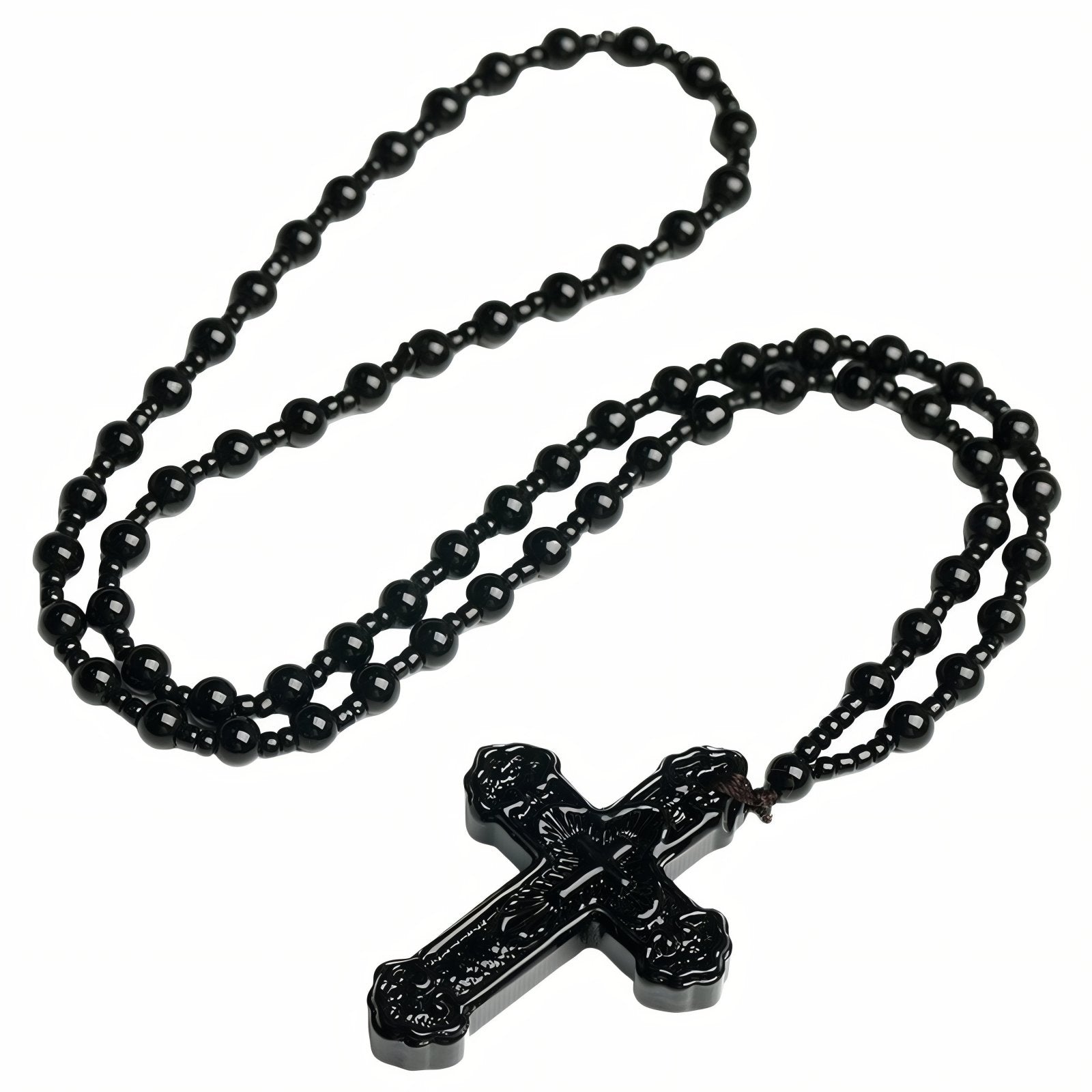 Chapelet collier croix verte translucide ou noir, avec perles en verre, bijou religieux