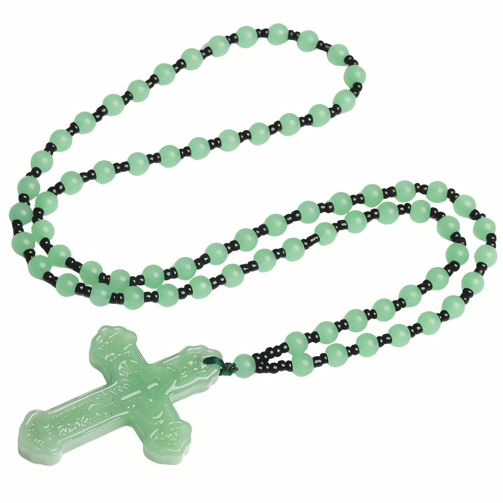 Chapelet collier croix verte translucide ou noir, avec perles en verre, bijou religieux