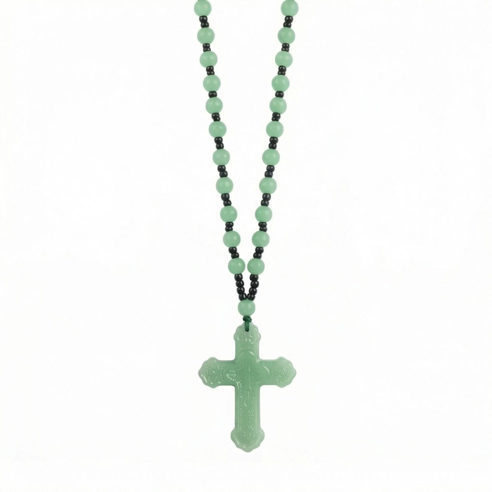Chapelet collier croix verte translucide ou noir, avec perles en verre, bijou religieux