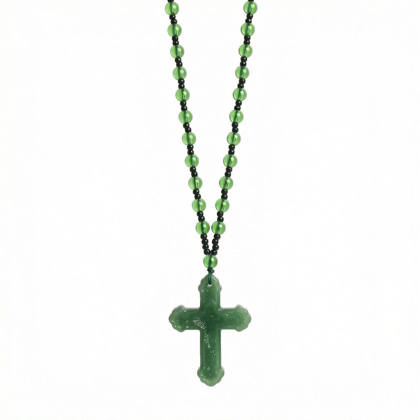 Chapelet collier croix verte translucide ou noir, avec perles en verre, bijou religieux