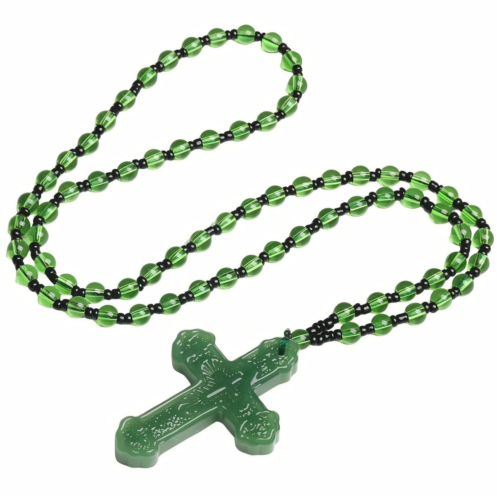 Chapelet collier croix verte translucide ou noir, avec perles en verre, bijou religieux