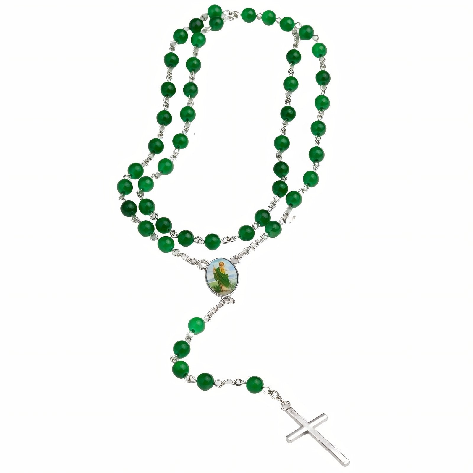 Chapelet collier de prière, avec perles synthétiques et pendentif croix, en alliage de zinc