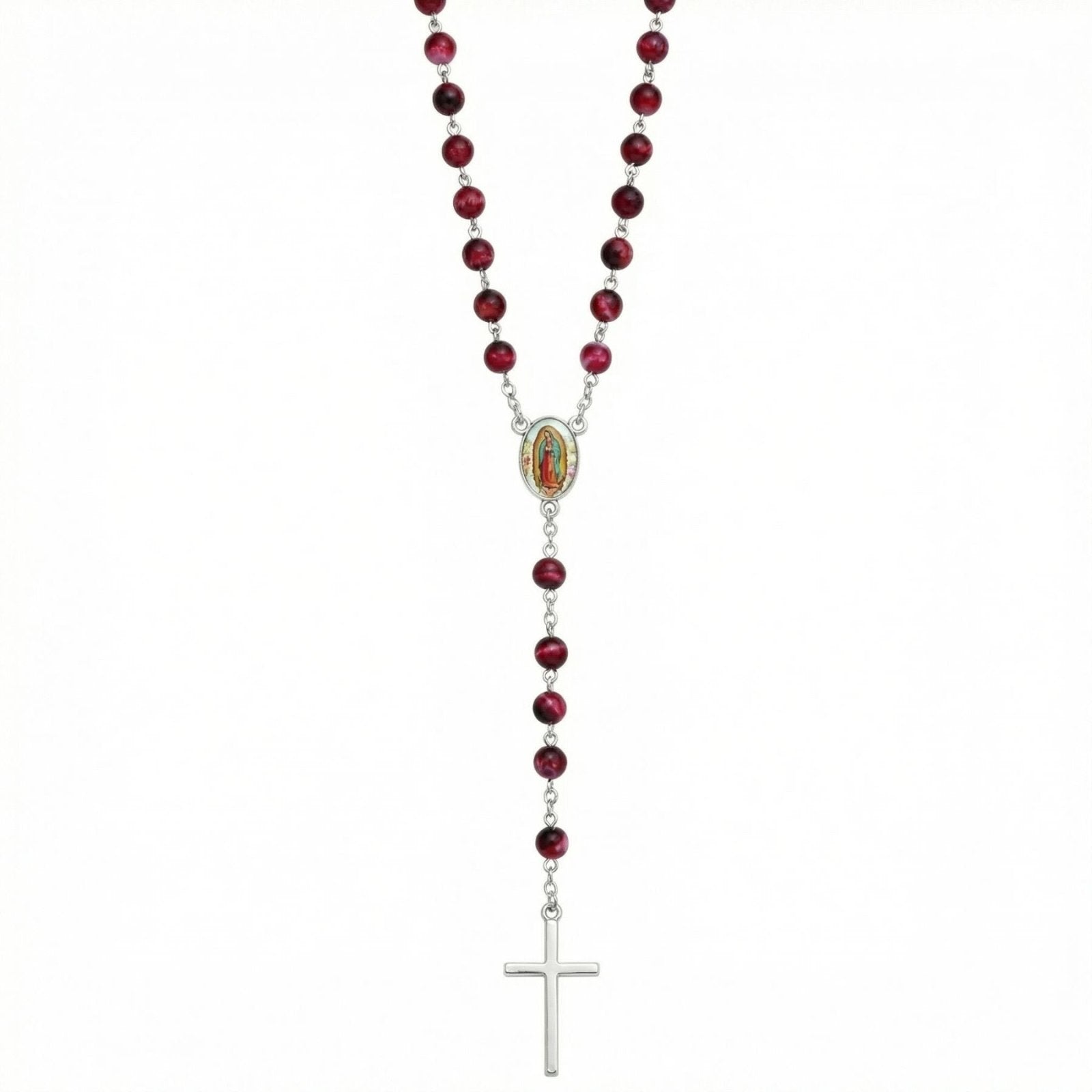 Chapelet collier de prière, avec perles synthétiques et pendentif croix, en alliage de zinc