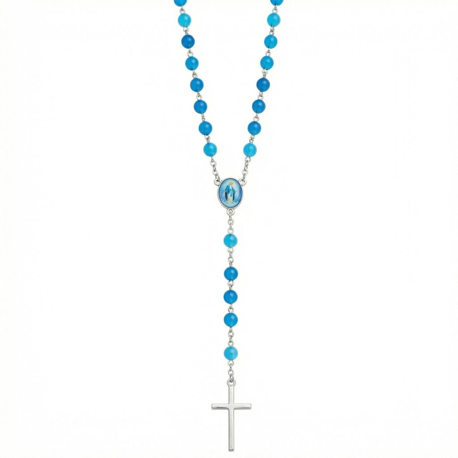Chapelet collier de prière, avec perles synthétiques et pendentif croix, en alliage de zinc