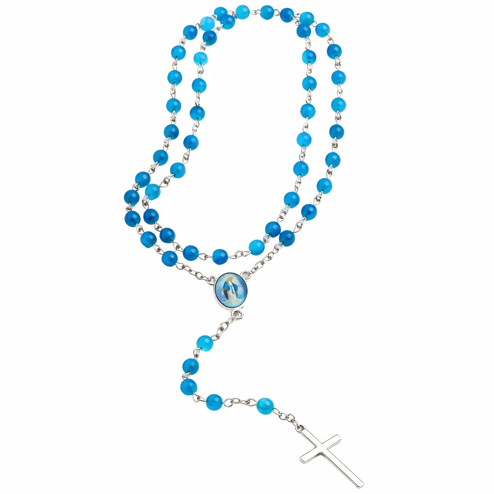 Chapelet collier de prière, avec perles synthétiques et pendentif croix, en alliage de zinc